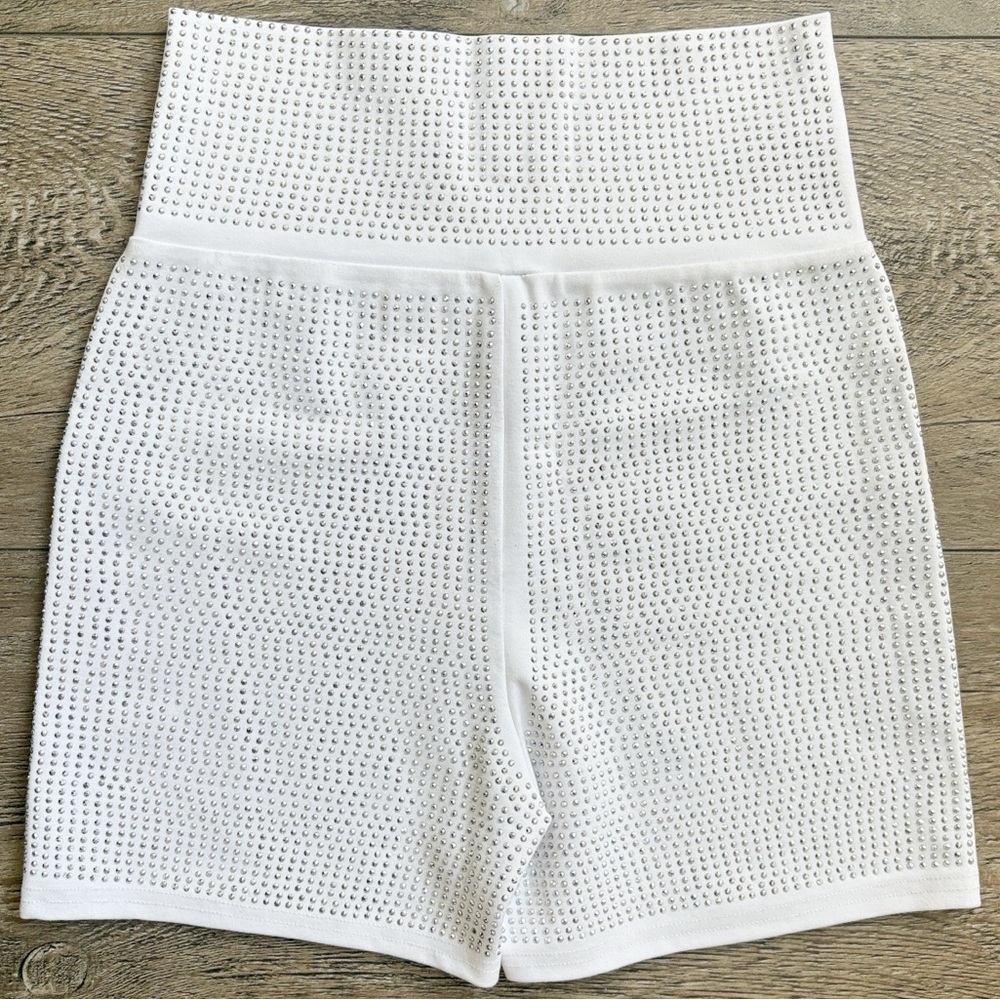 I.AM.GIA White High Waist Rhinestone Studded Bike Shorts Workout Athletic Glam - Picture 2 of 4